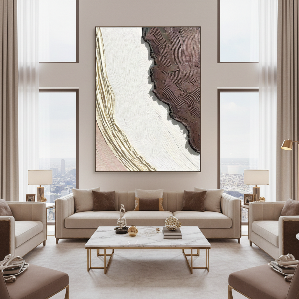 Abstract white chocolate brown tectonic oil painting in a luxury modern living room