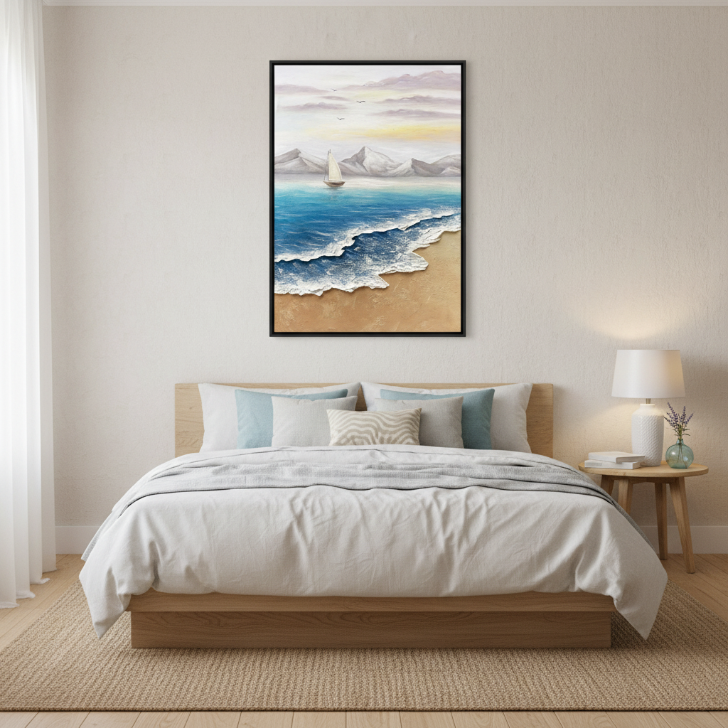 Sailboat seascape oil painting in a coastal bedroom