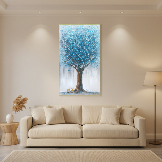 Fantasy blue teal crystal tree oil painting in a warm modern living room