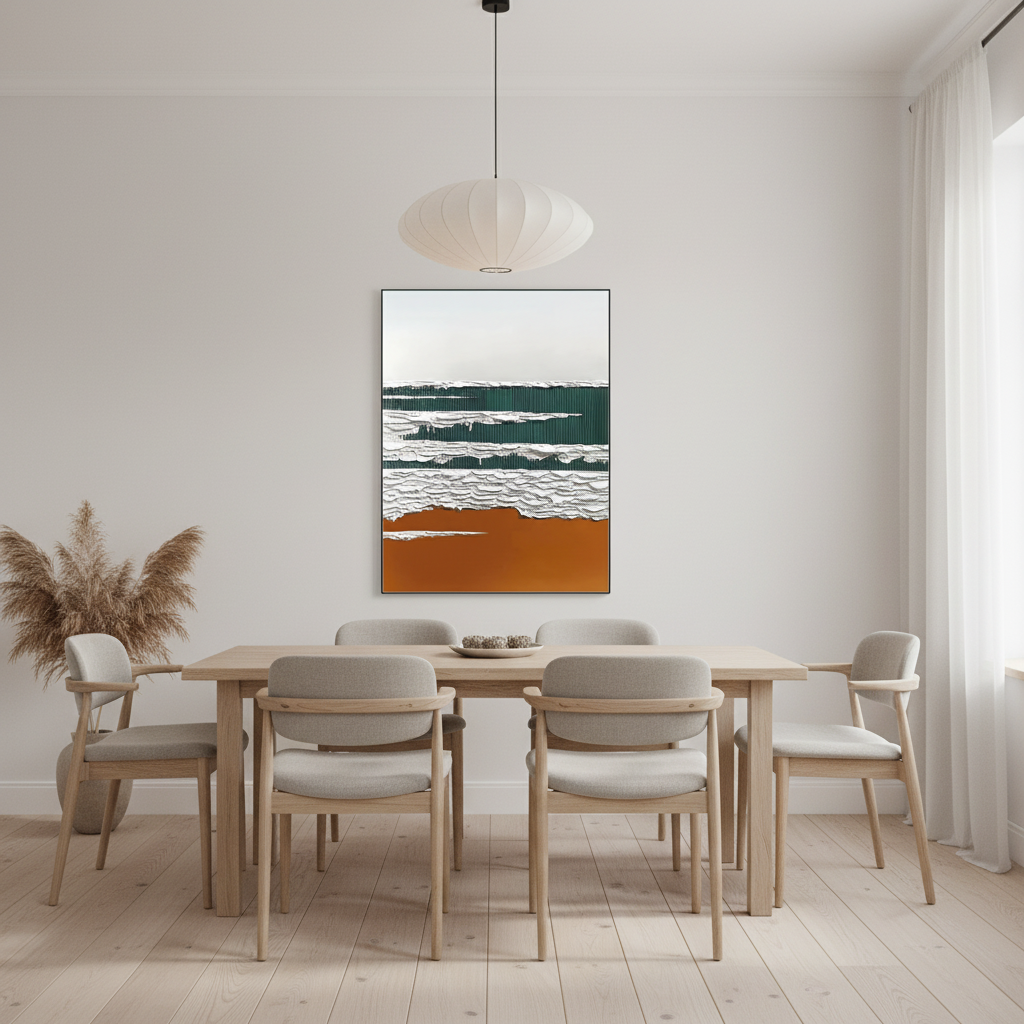 Abstract green white wave oil painting in a Scandinavian dining room