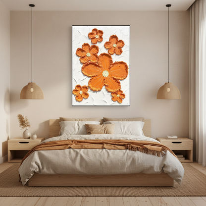 Orange sculptural flower scatter oil painting in a Japandi bedroom
