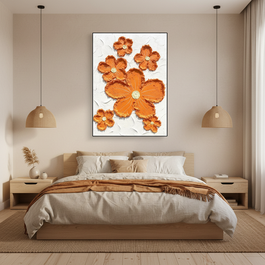 Orange sculptural flower scatter oil painting in a Japandi bedroom
