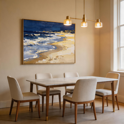Stormy Night Beach Seascape Oil Painting | Hand-Painted Deep Navy Sky & White Wave Impasto Canvas Wall Art