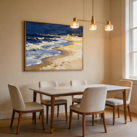 Stormy Night Beach Seascape Oil Painting | Hand-Painted Deep Navy Sky & White Wave Impasto Canvas Wall Art