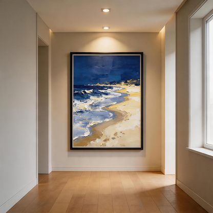 Stormy Night Beach Seascape Oil Painting | Hand-Painted Deep Navy Sky & White Wave Impasto Canvas Wall Art