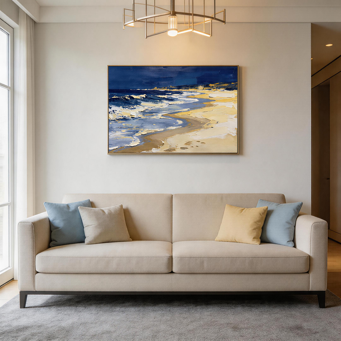 Stormy Night Beach Seascape Oil Painting | Hand-Painted Deep Navy Sky & White Wave Impasto Canvas Wall Art
