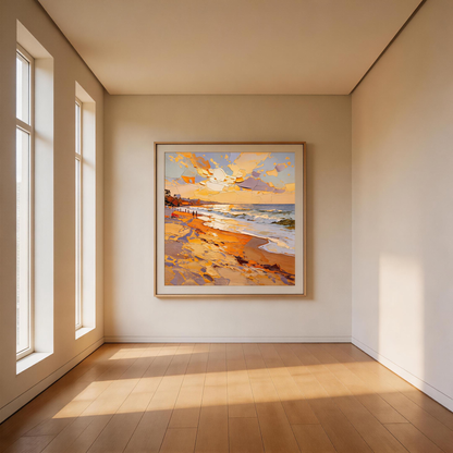 Golden Sunset Beach Seascape Oil Painting | Hand-Painted Warm Orange Sky & Blue Wave Impasto Canvas Wall Art